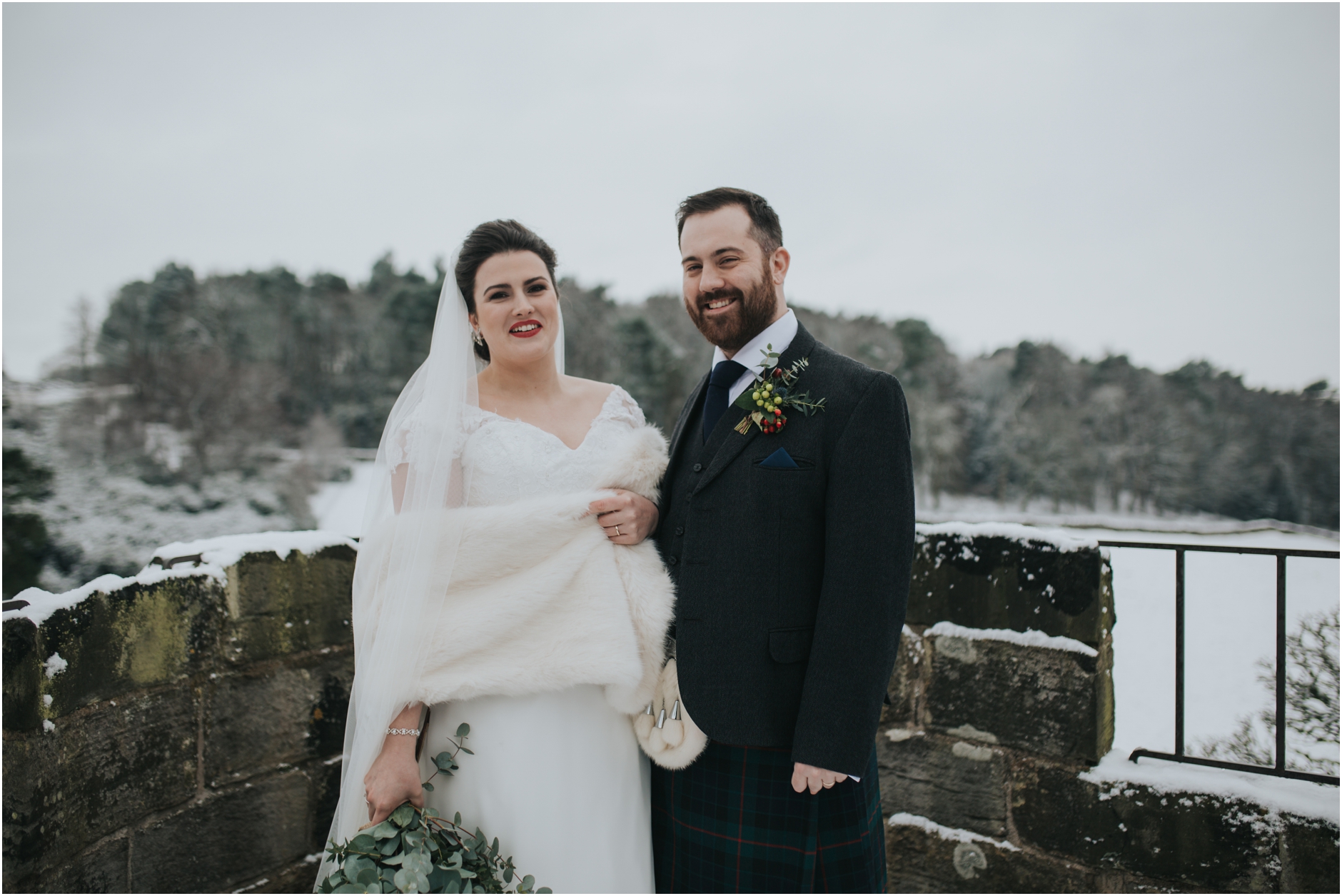 dundas castle wedding winter bride and groom in the snow
