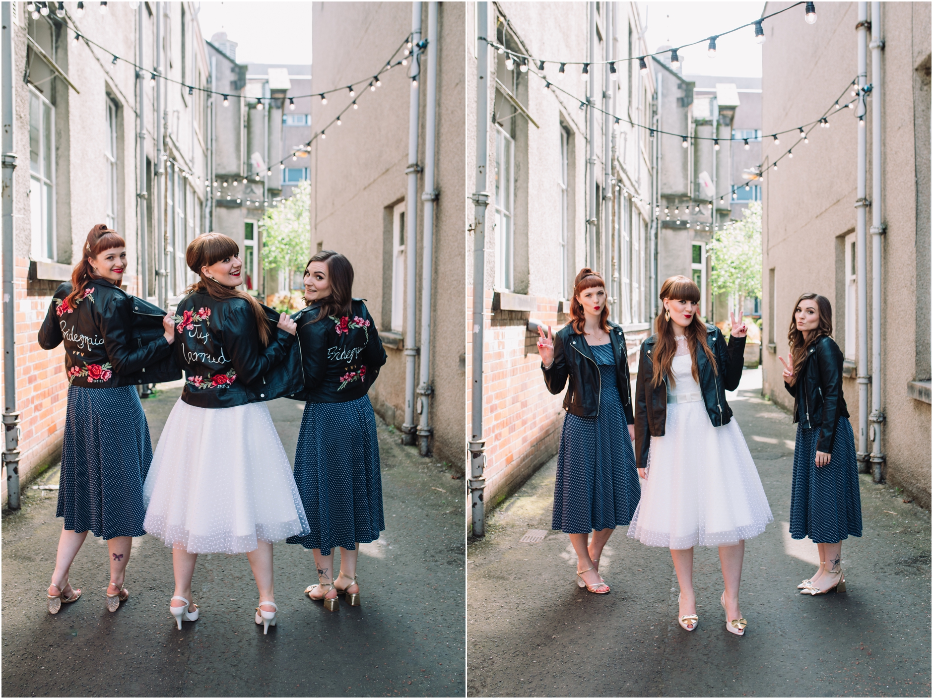 bride and bridesmaids wearing 50s style dresses and leather jackets