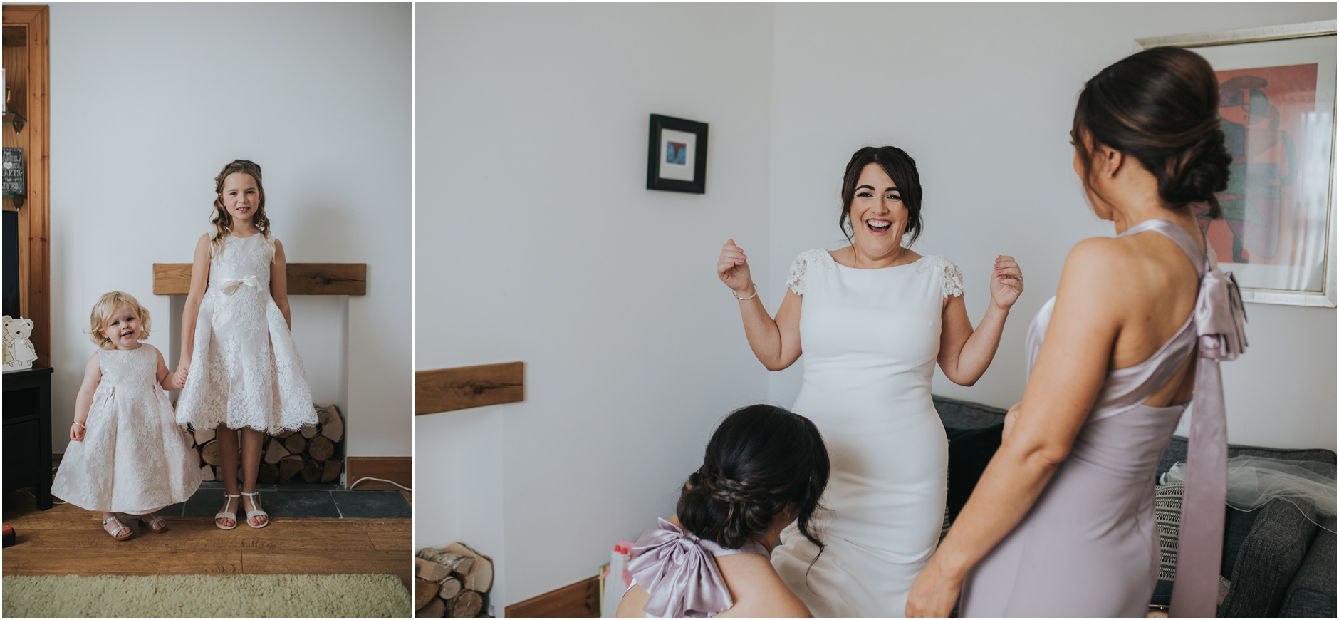 photos of flowergirls on wedding day and bride laughing whilst bridesmaids put on her garter.