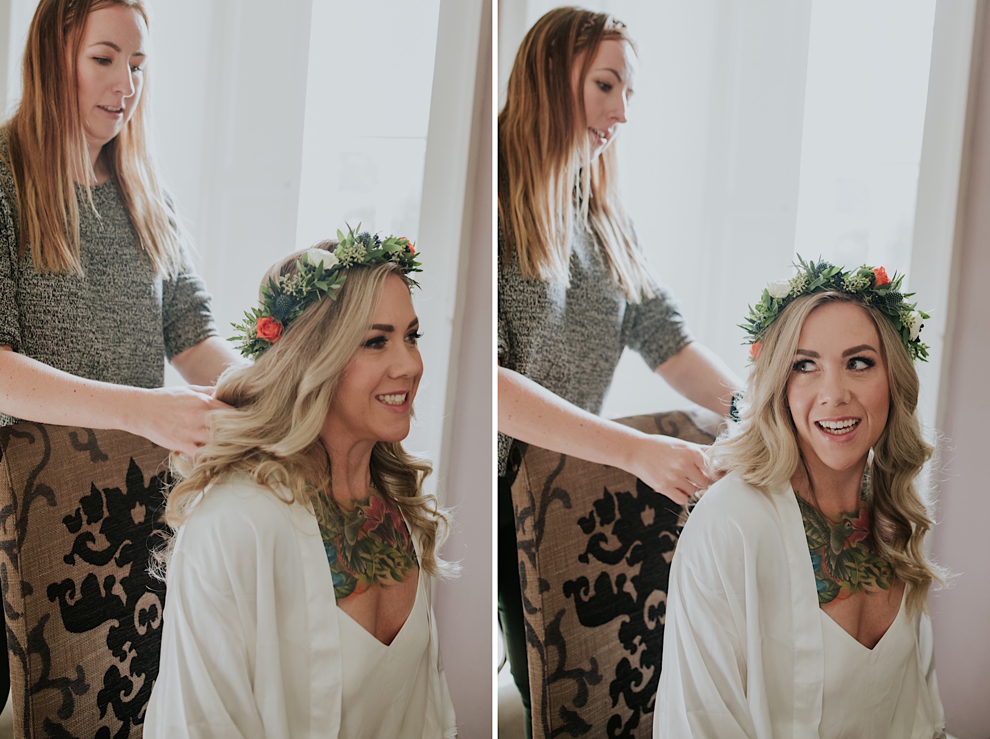 bride having her hair styled on her wedding day