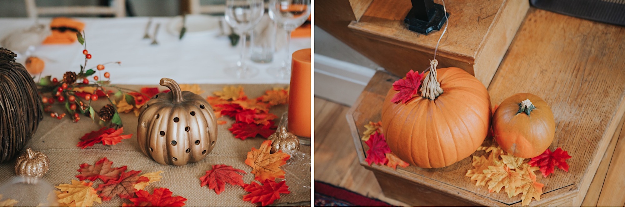 halloween wedding details table set up with pumpkins